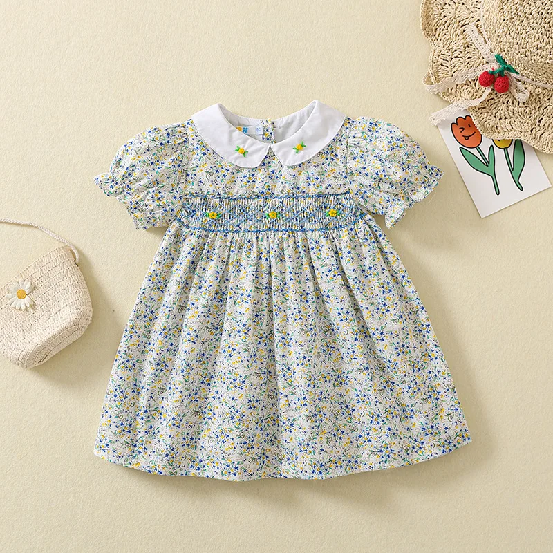 2024 New Little Girls Smock Short Sleeves Dress Children\'s Flower Smocking Dresses Embroidery Summer Baby Floral Frock Kids