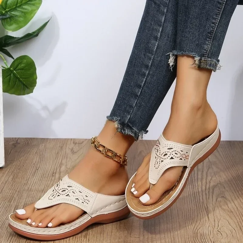 2024 New Fashion Solid Color Wedge Women's Slippers Open Toe Summer Casual Flip-Toe Comfortable Outerwear Women's Slippers