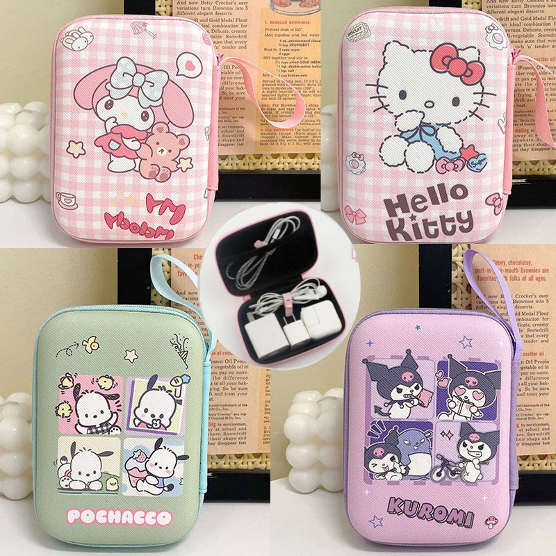 Sanrio Kuromi Data Cable Storage Bag Anime Hello Kitty Portable Charger Earphone Coin Sorting Case Cartoon Organizer Carry Box