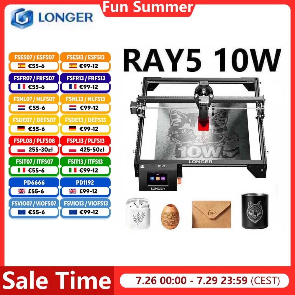 Graveur Laser LONGER RAY5 10W, 0.06x0.06mm, écran tactile, sculpture hors ligne, jeu de puces 32 bits, zone de travail 400x400mm