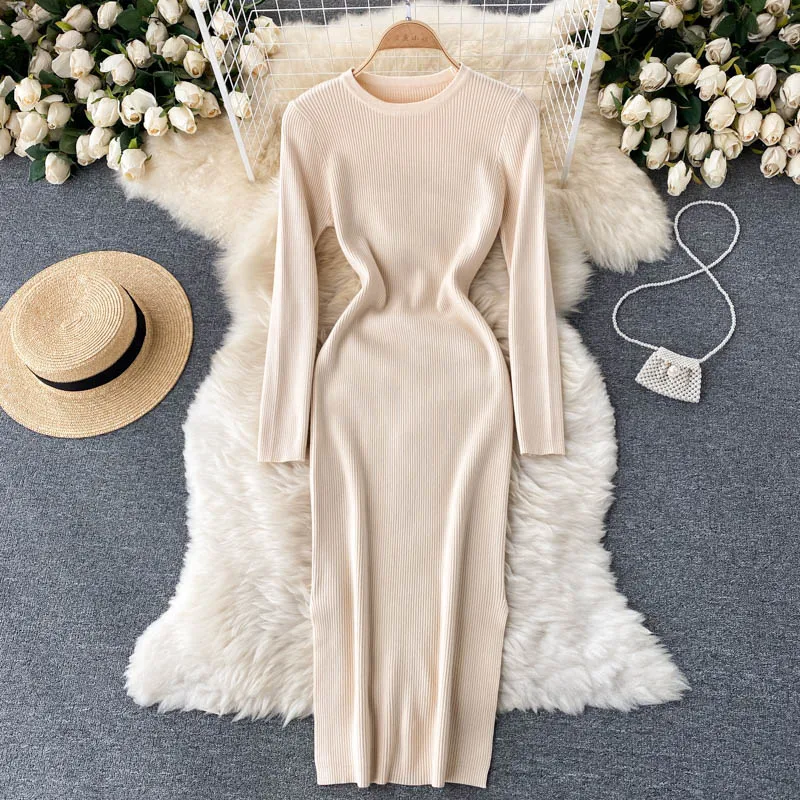 

Long Sleeved Knitted Long Dress 2021 Autumn Women Elegant Simple Round Neck Slim Split Party Dress Bodycon Sexy Bottoming Dress