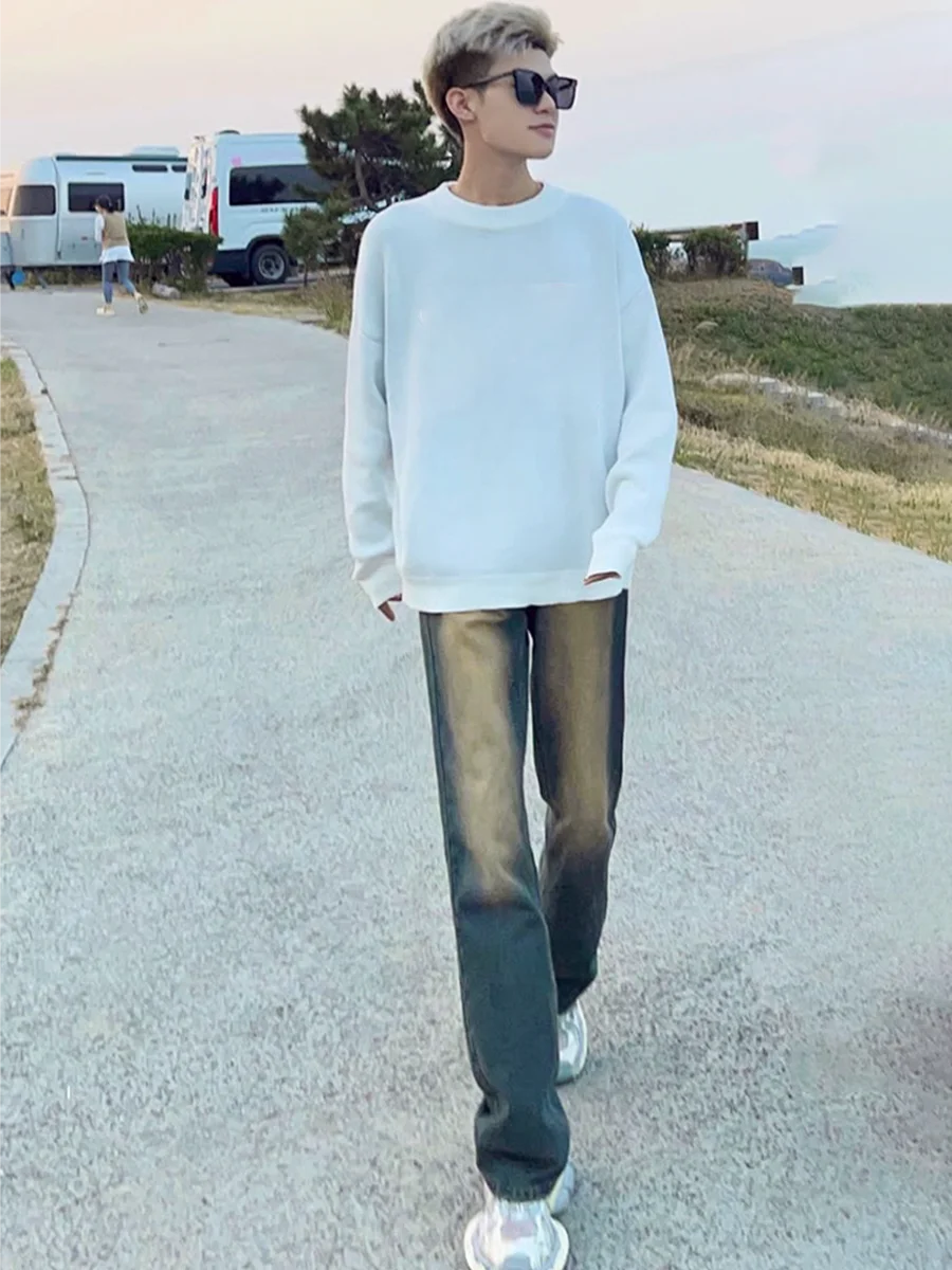 

Мужские джинсы в стиле ретро, американского дизайна, желтые, синие, свободного прямого кроя, повседневные, модные, прямые брюки