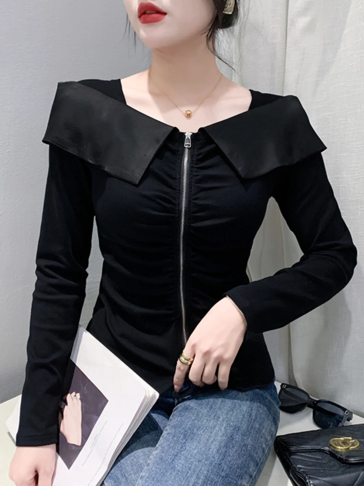 Autumn Cotton T Shirts Female Fashion Folds Front Zipper Full Sleeve Slim Tee Top Woman Base T-shirt HF3015