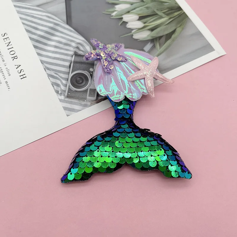 10Pcs 9*11CM Sequin Mermaid Padded Appliques For Baby Clothes Sock Hat Sewing DIY Headwear Hair Clip Bow Accessories Patches