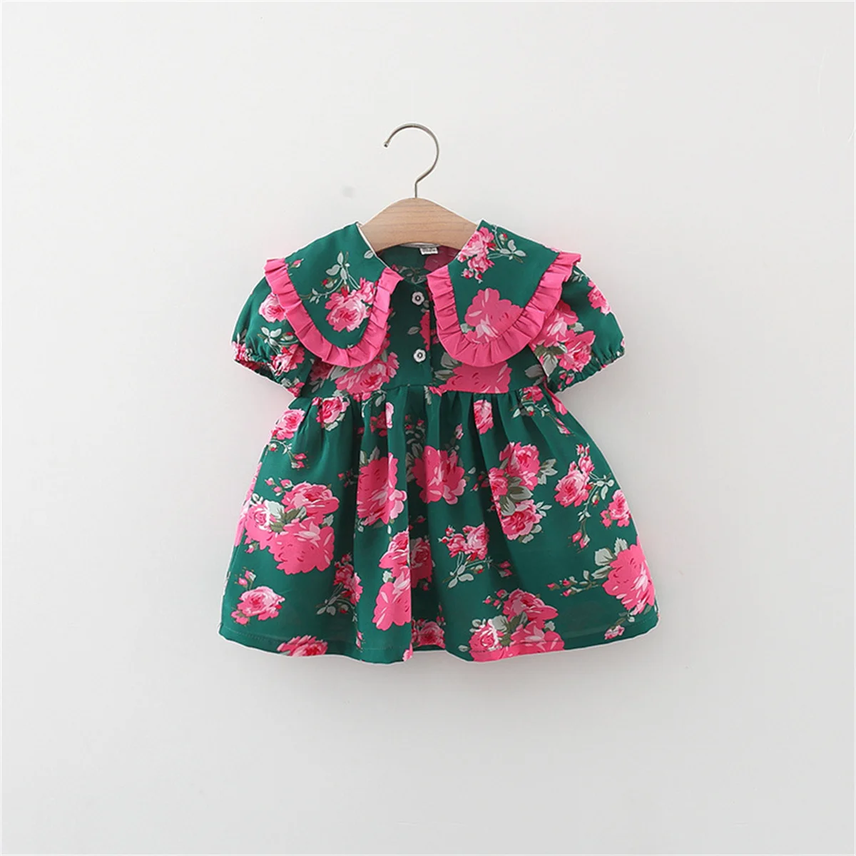 Summer girl's short sleeved dress with floral print doll lapel and lace Korean version bubble sleeve dress