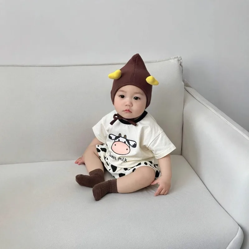 

Cute Cartoon Cotton Onesie Friendly Skin Rompers Calf Print Hoodless Pullover Shorts Two-Piece Set for Girls Boys Baby Clothes