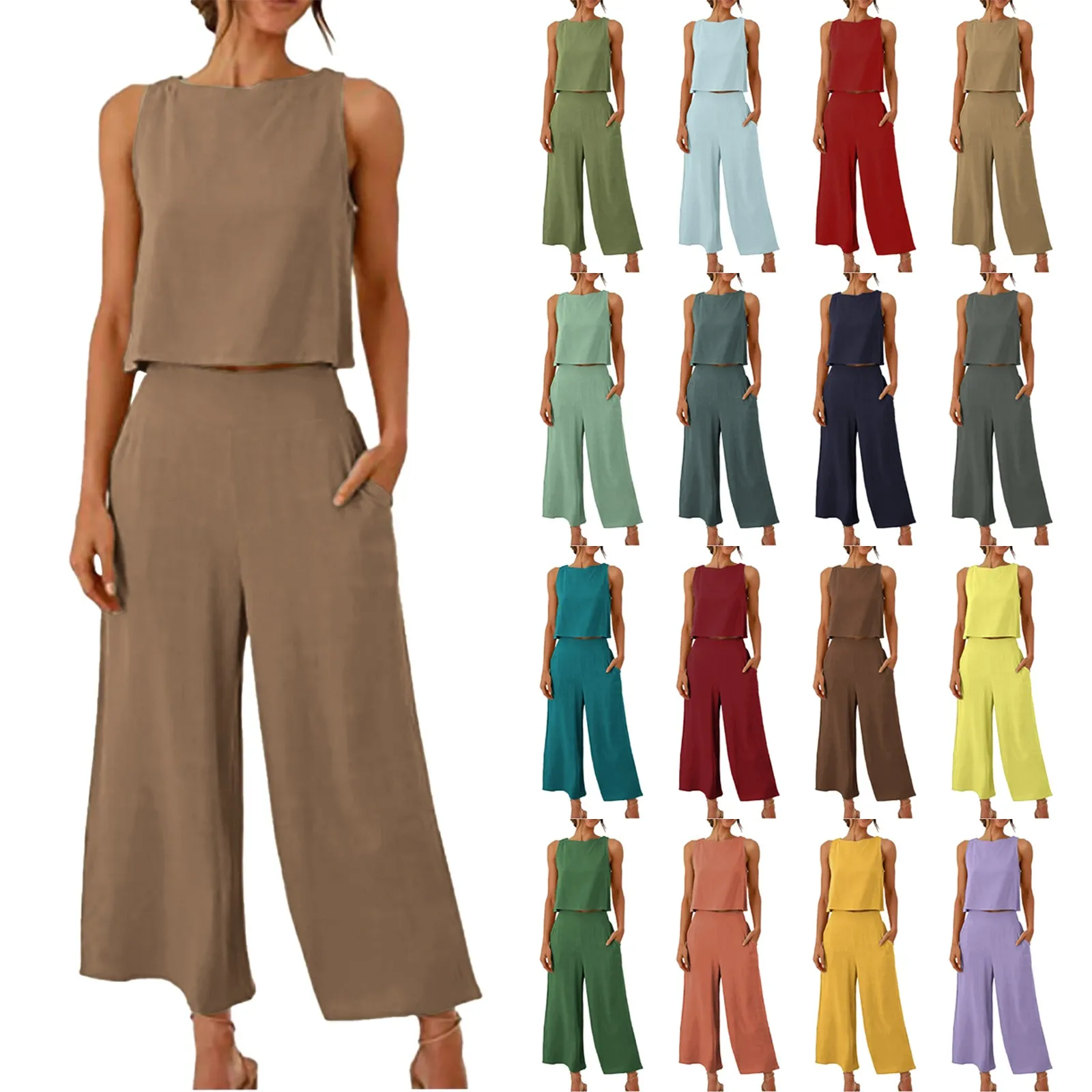 Women Summer Casual Linen 2 Piece Pants Set Solid Elegant Two Piece Suit Sleeveless Wide Leg Trouser 2024 New In Matcing Sets