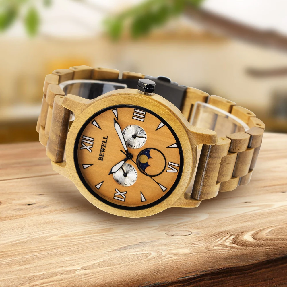 Fashionable Sports Classic Watch with 6 Hands, Multifunctional Quartz Movement, Wooden Strap, Calendar, Three Sub-Dials, and Moon Phase, Suitable for Holiday Gifts
