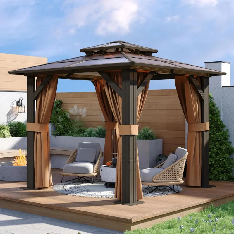 

8x8Ft Hardtop Gazebo, Aluminum Permanent Pavilion, Polycarbonate Double Roof, Curtains & Netting, Brown Garden, Patio, Lawn