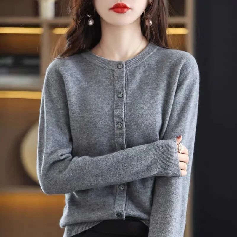 Cardigan lavorato a maglia di lana slim fit Sottile rotondo Ne Color Maglione Capispalla Donna Busin Sle Abbigliamento interno Regular Thic...