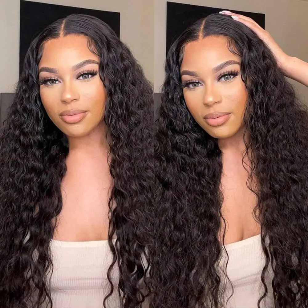 180% Deep Wave Natural Black 13x6 HD Lace Forehead Wig  20 32 Inch Transparent Human Hair Curly High Quality Women  Wig