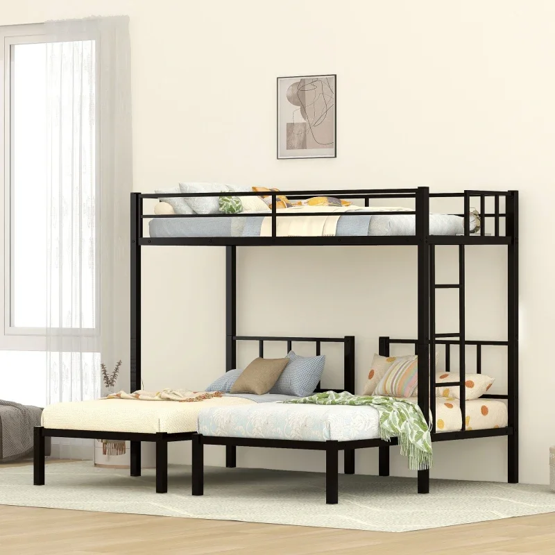 High Quality Twin over Bunk Beds for 3, XL over  Bunk Bed Metal Triple Bunk Bed for indoor bedroom furniture,Black