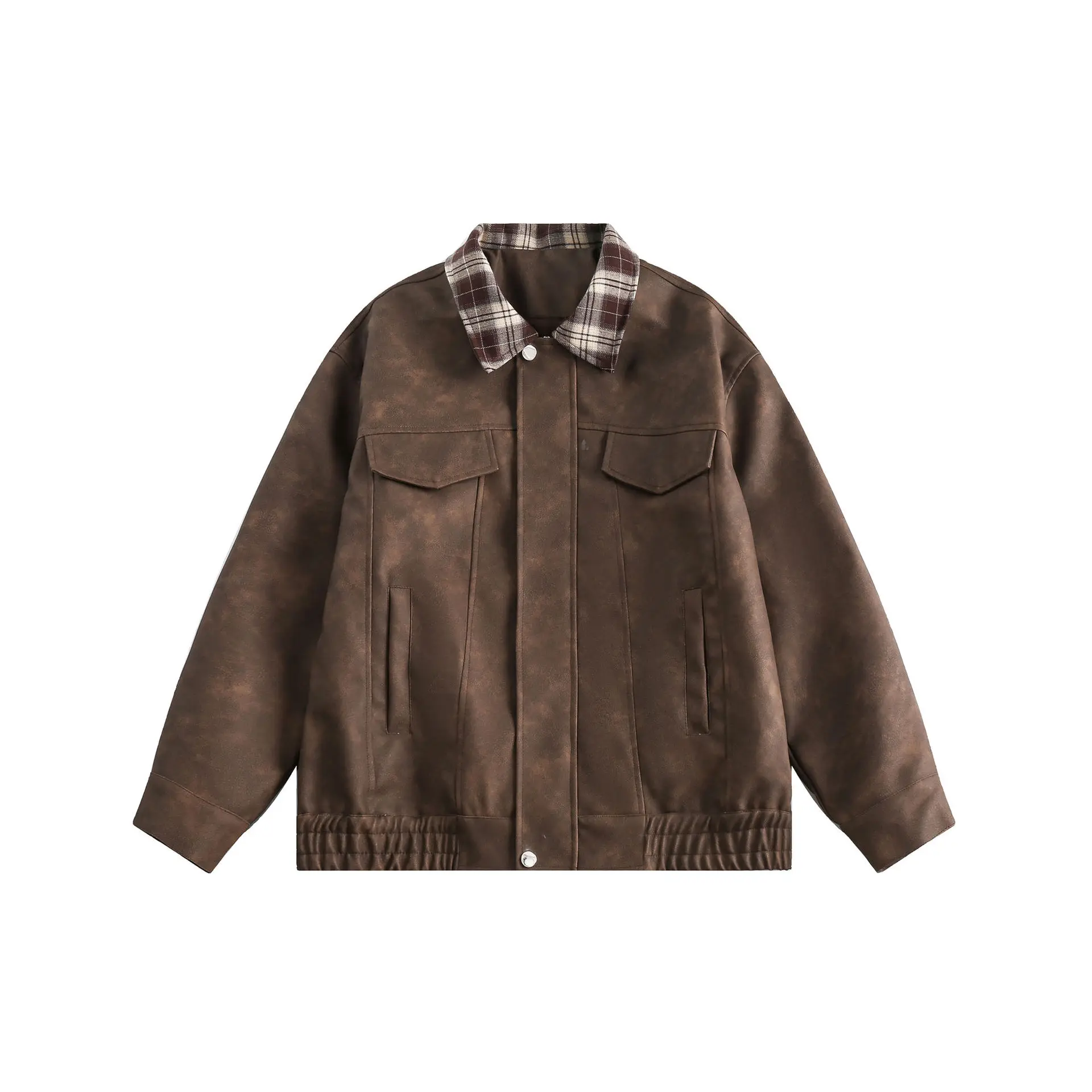 

Unisex American Vintage BF Style Jacket - Orange Grain PU Leather Plaid Collar Loose Couple 90s Retro Casual Outerwear