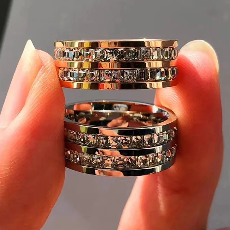 Luxury Rose Gold Color Double Row Square Zircon Stainless Steel Wedding Rings For Women Fashion Charm Promise Engagement Jewelry
