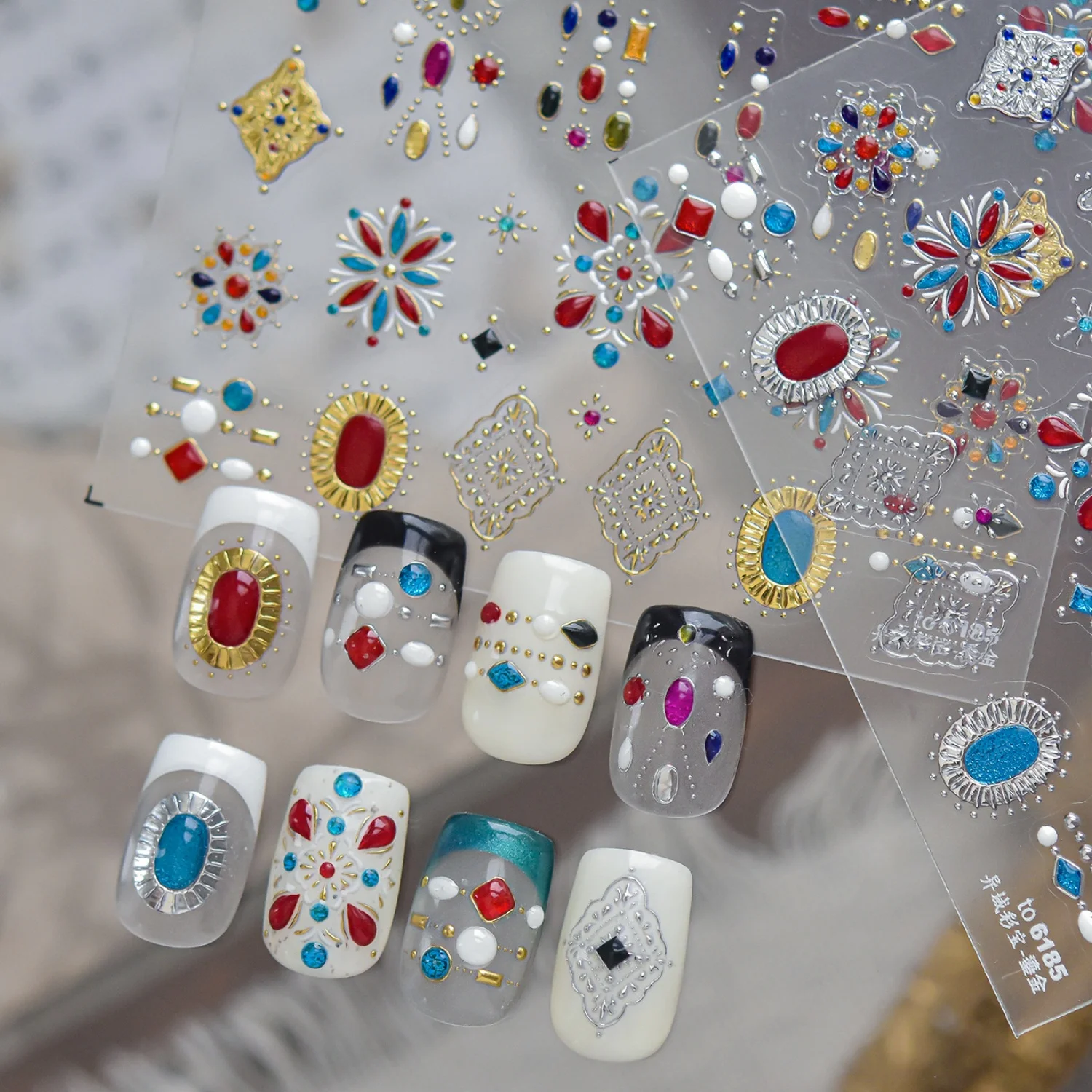 Vintage Bohemian Rhombus Badge 5D Nail Stickers Faux Gemstone Main Stone Gilded Metal Carved Border Self Adhesive Nail Manicure