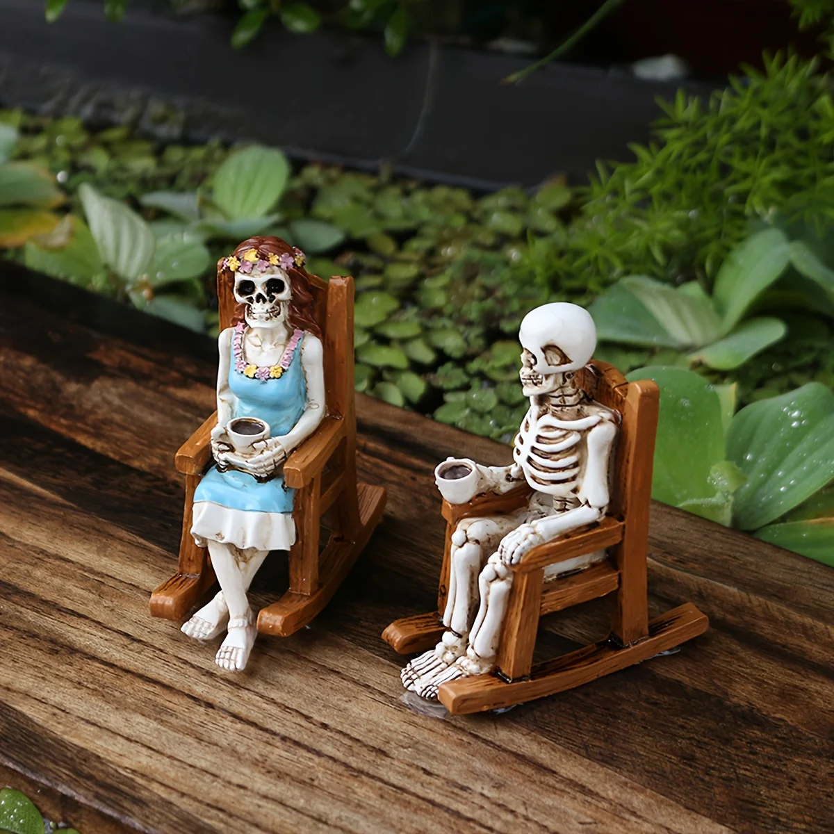 Gothic Couple Skull Statue Romantic Decor for Garden Patio Spooky Yet Charming Rocking Chair Tea Time Sculpture Outdoor Gift