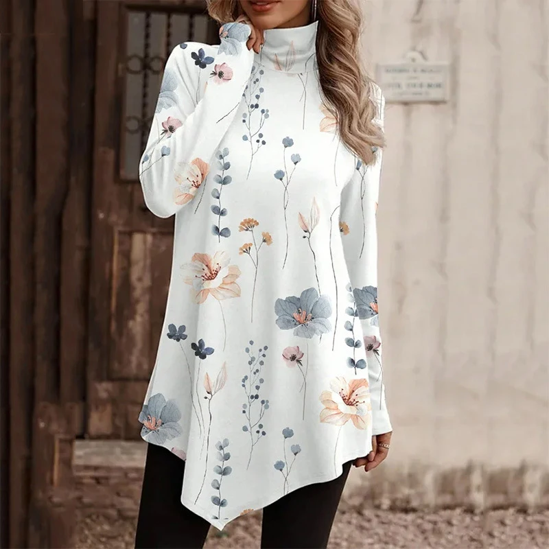 Maglietta asimmetrica a collo alto a maniche lunghe con stampa in stile etnico Vintage da donna autunno inverno top Pullover alla moda elegante da