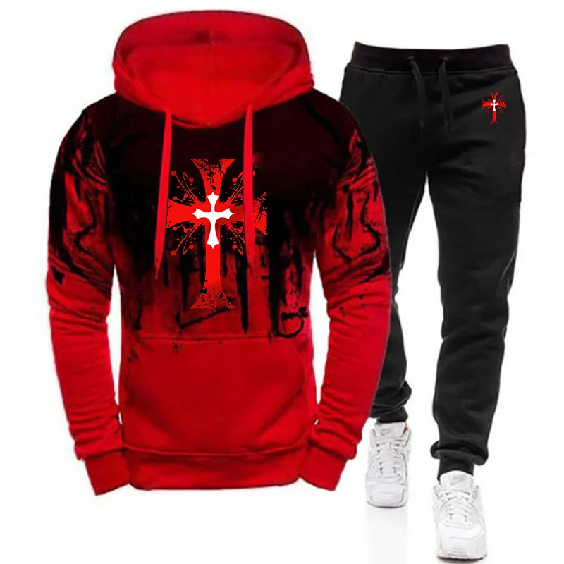 Knights Templar Logo Print Daily Commute Gradient Color Best Seller Eye-catching Hoodies Sports Long Pants Suits
