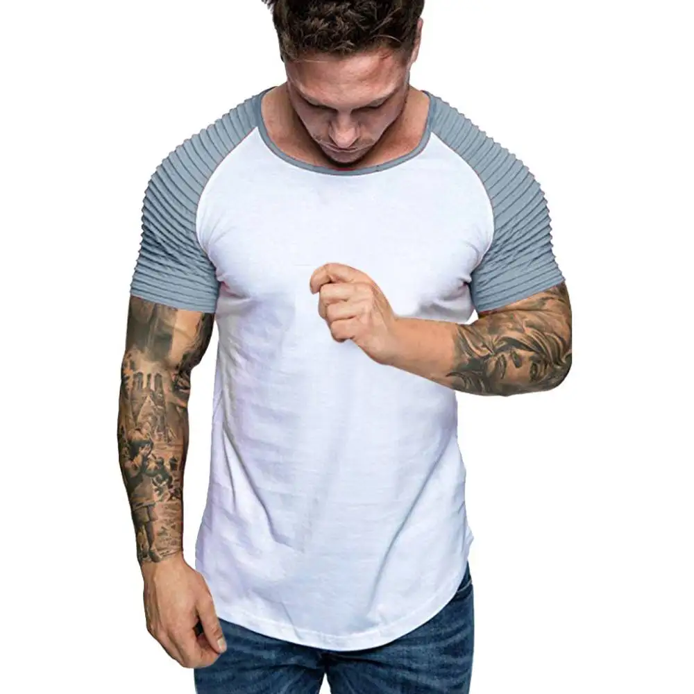 Youth Tshirt Sport Workout Camisetas Casual Mens Streetwear Men Tops Tees Contrast Color Pleated Raglan Short Sleeve T-shirts