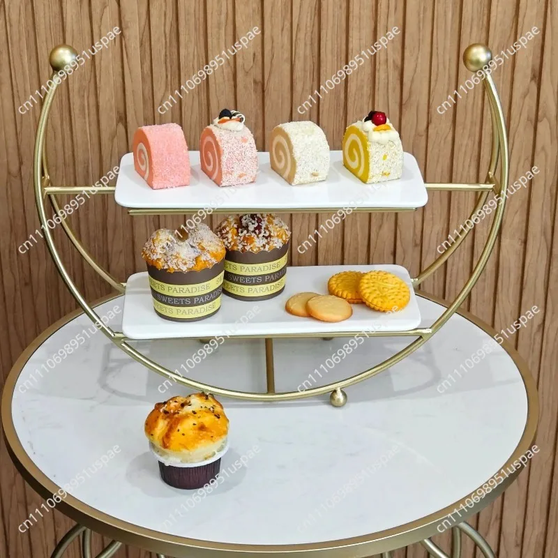 Crescent Moon Cake Rack with Ceramic Plate Refreshment Plate Double Layer Metal Fruit Cold Food Tea Break Set Table
