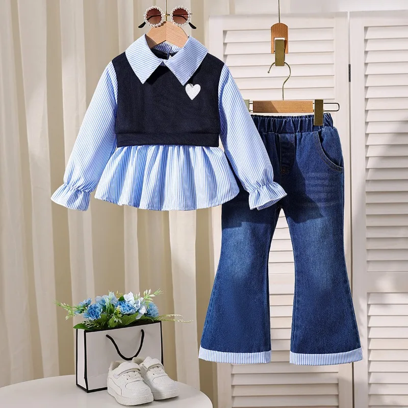 

Girl's Lapel Shirt Patchwork Top + Denim Flared Pants Two Piece Set 2 years old - 8 years old
