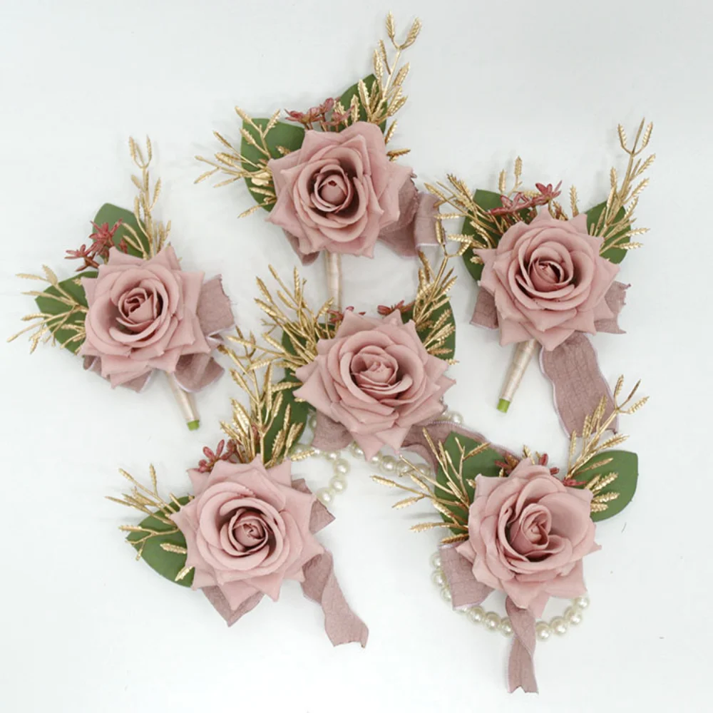 Dusty Pink Flowers Wedding Boutonniere for Guests Silk Rose Artificial Lace Pearsl Corsage Bracelet groom Wedding accessories