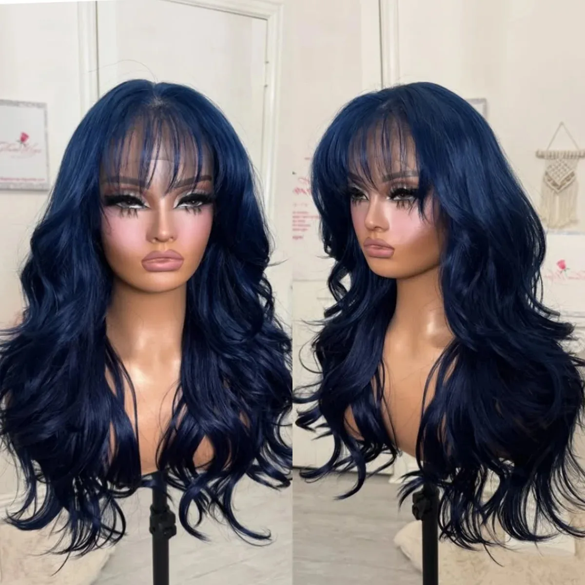 Loose Wave Lace Front Wig with Bangs Dark Blue Wig 13x4 HD For Women Synthetic Glueless Premium Fibre Heat Resistant Party Wear