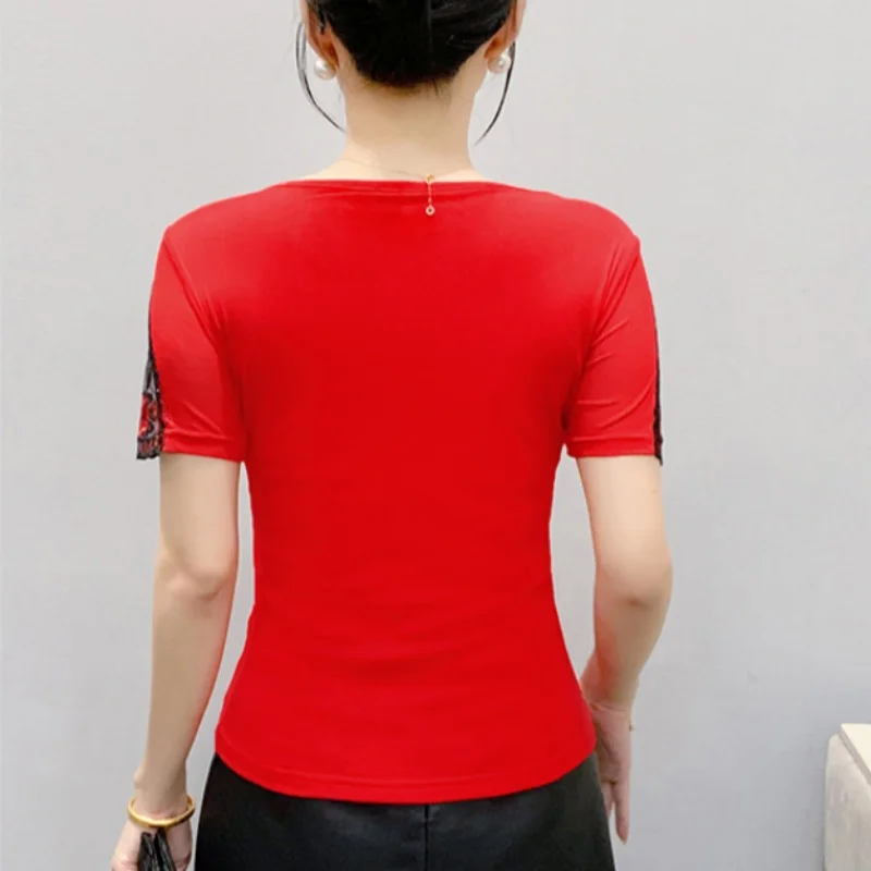 Summer European Clothes Patchwork T-Shirt Sexy V-Neck Crochet Lace Hot Drilling Shiny Diamonds Slim Tops Women Short Sleeve Tees