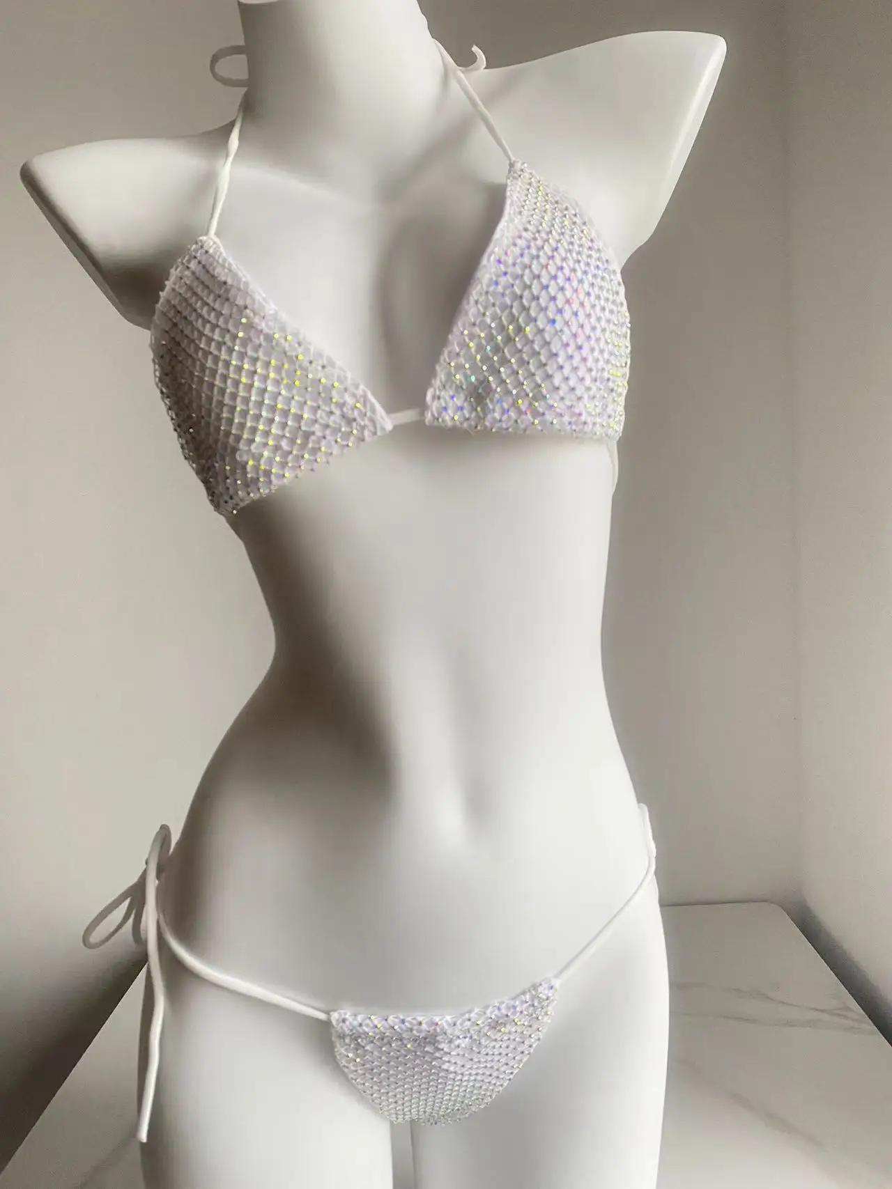 Bikini Set Women Luxury Bling Rhinestone Silver Crystal Diamond Sexy Swimsuit Halter Push Up