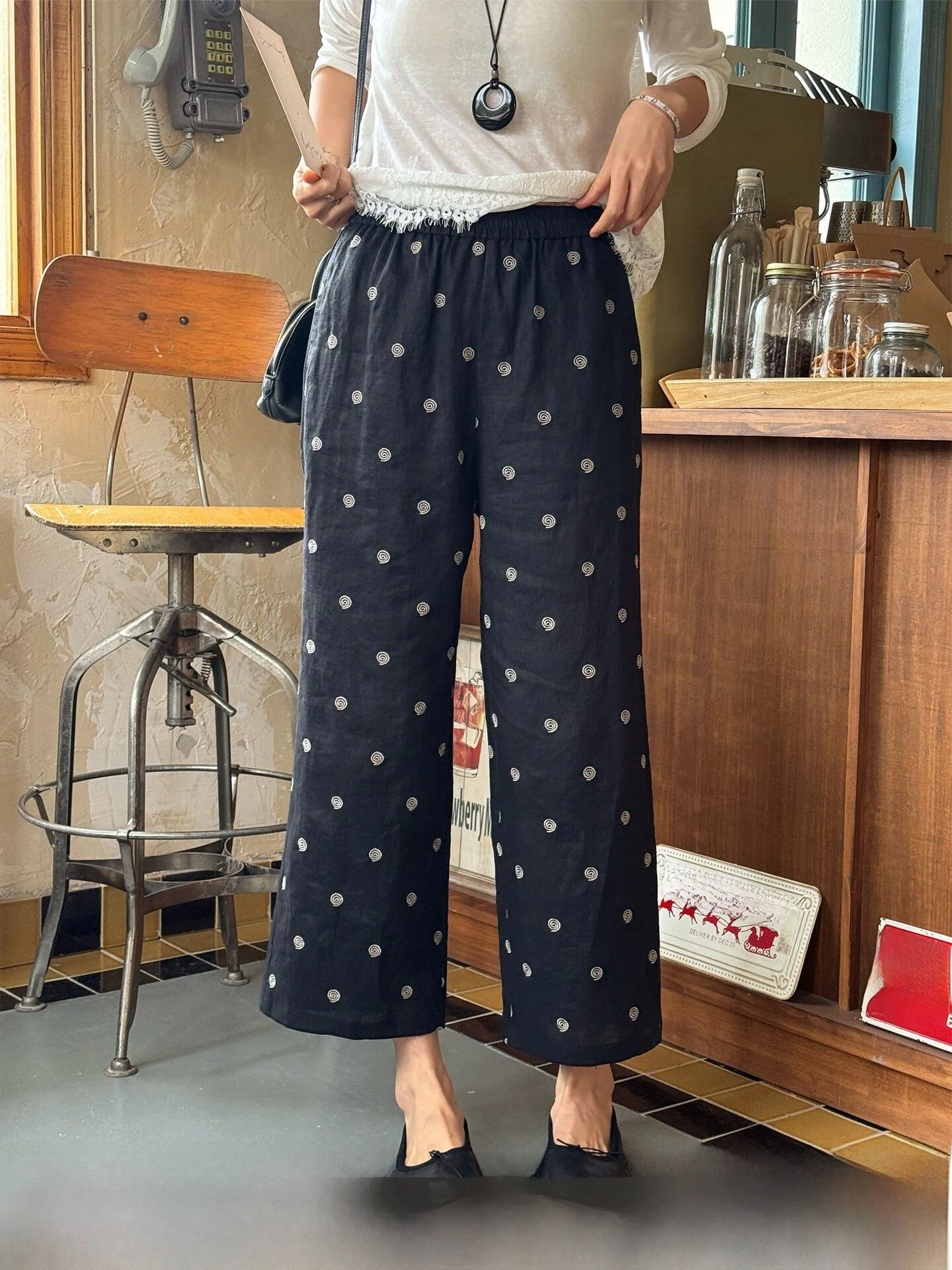 

Summer New Women's Casual Pants Wide Leg Straight Cut Nine Points Linen Print Comfortable Loose Fit Trousers for Ladies