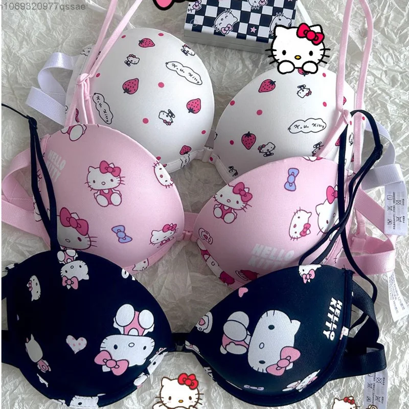 Sanrio Hello Kitty Cute Neck Sling Bras & Panties 2 Pcs Sets for Women Sweet Soft Underwear Briefs Sexy Women\'s Lingerie Suits