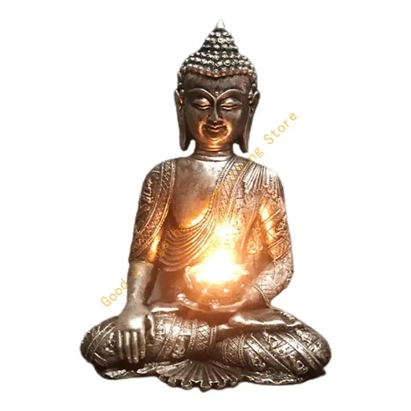 

Resin Statue Figurine with Tea Light Holder Incense for Burner Candlestick Antique Meditating Sitting for 55KF