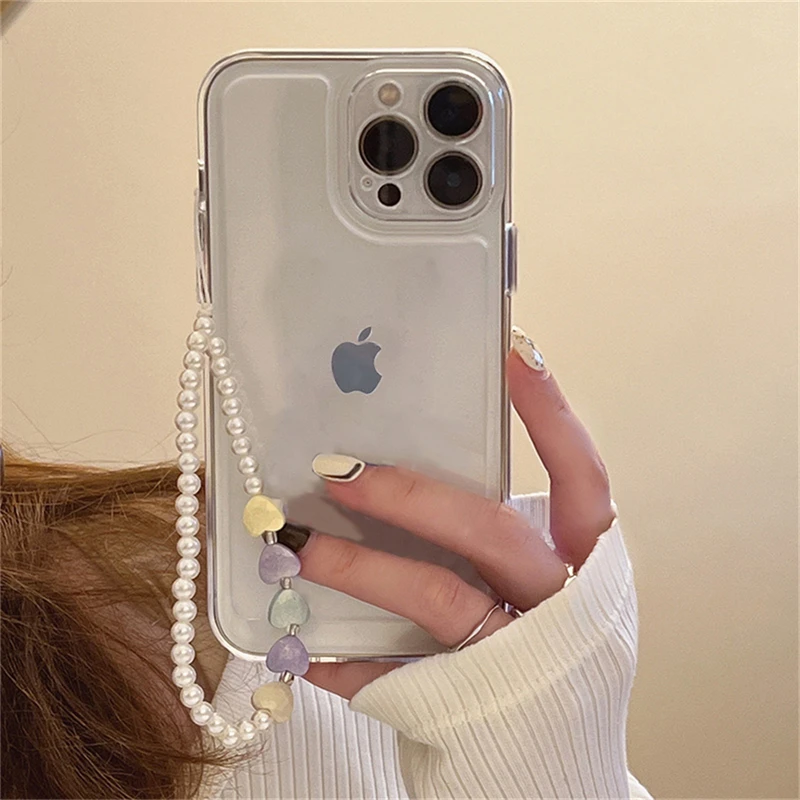 Korea Cute Pearl Heart Bracelet Transparent Phone Case For iPhone 17 16 14 15 13 12 11 Pro XS Max 16 Plus Shockproof Soft Cover
