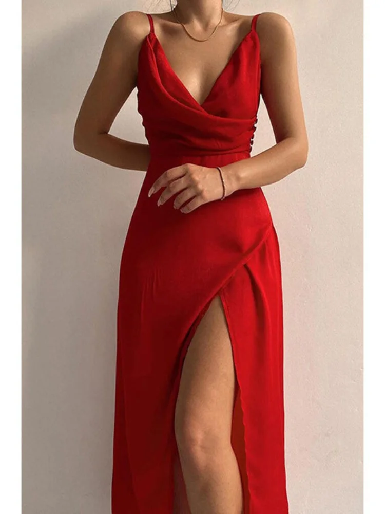 

Summer New Sexy V-neck Sling Split Fashion Sleeveless Solid Color Slim Dress Women Dress