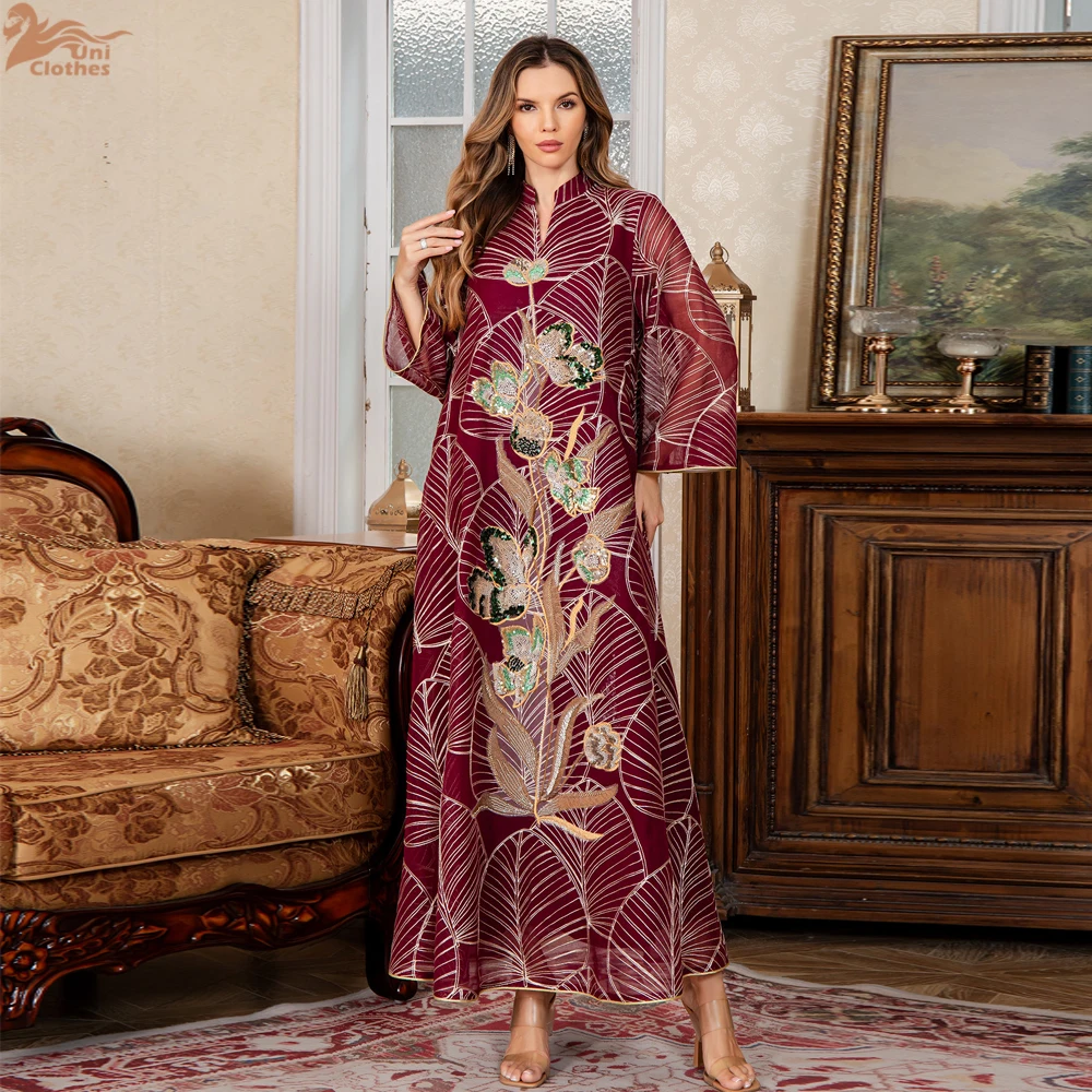 

2025 New Mesh Embroidered Dress Muslim Robe Ethnic Costume Long Middle Eastern Women Dresses Dubai Abaya Turkey Kaftan Jalabiya