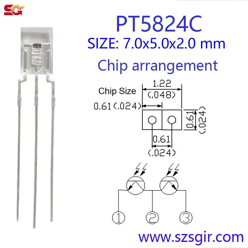 20 PCS, Side Face NPN Bicrystal Phototransistor, PT5824C, Photosensor, Photosensitive receiving transistor