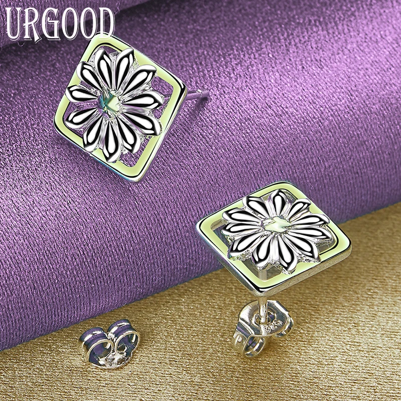 925 Sterling Silver Square Flores Coloridas Brincos Para Mulheres Homens Festa De Noivado Casamento Moda Jóias