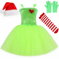 Santa Claus Grinch Costume Kids Green Furry Monster Tutu Dress Girls Christmas Dress Outfit Toddler Girl Halloween Xmas Clothes