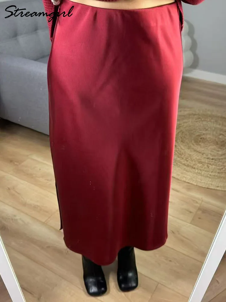 Streamgirl Office Black Midi Skirts For Women High Waist Elegant Silk Skirt Ladies Solid Women Satin Skirt With Slit On The Side