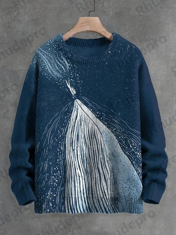 Men's Whale And Fish Linoleum Art Print Knit Sweatshirt Pullover Sweater Women For Men Sweater Roupas Masculinas - view 4
