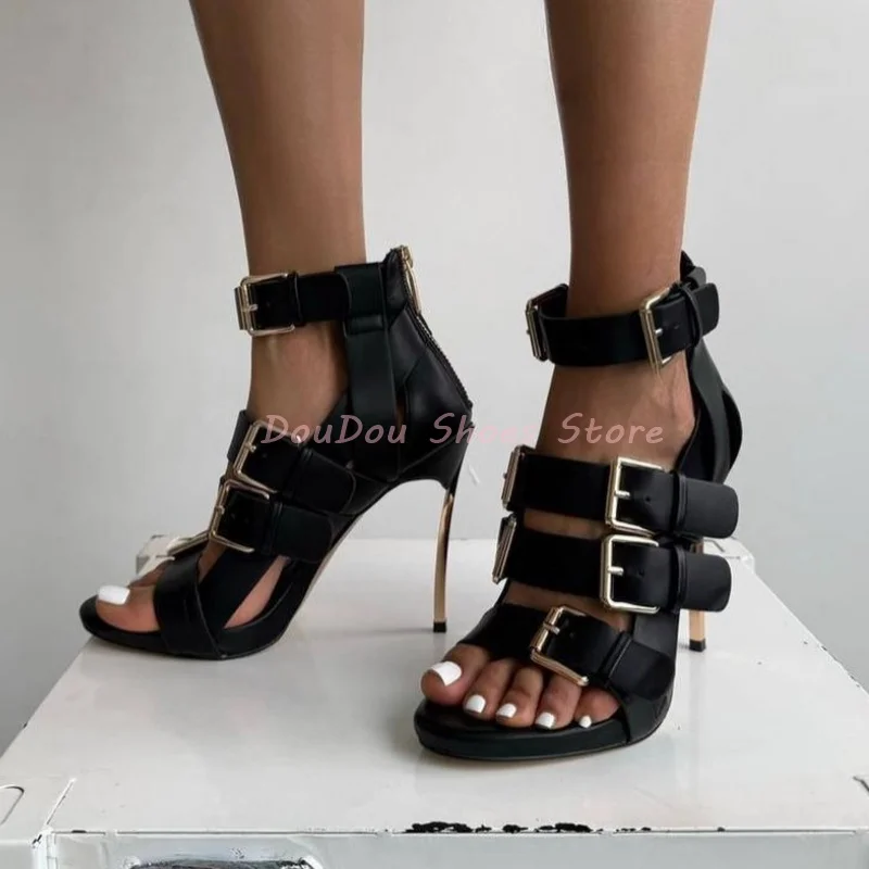 

Black Belt Buckle Open Toe Metal Heel Stiletto Sandals Women Hollow Back Zipper High Heels Fashion Trendy Summer Shoes New Style