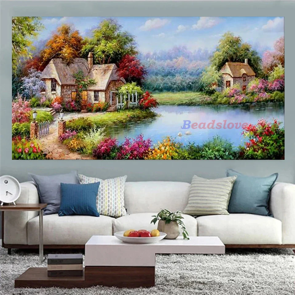 5D Mediterranean House Garden Flowers Trees Lake Diamond Painting New 2024 Large DIY Full Diamond Mosaic Embroidery Crystal