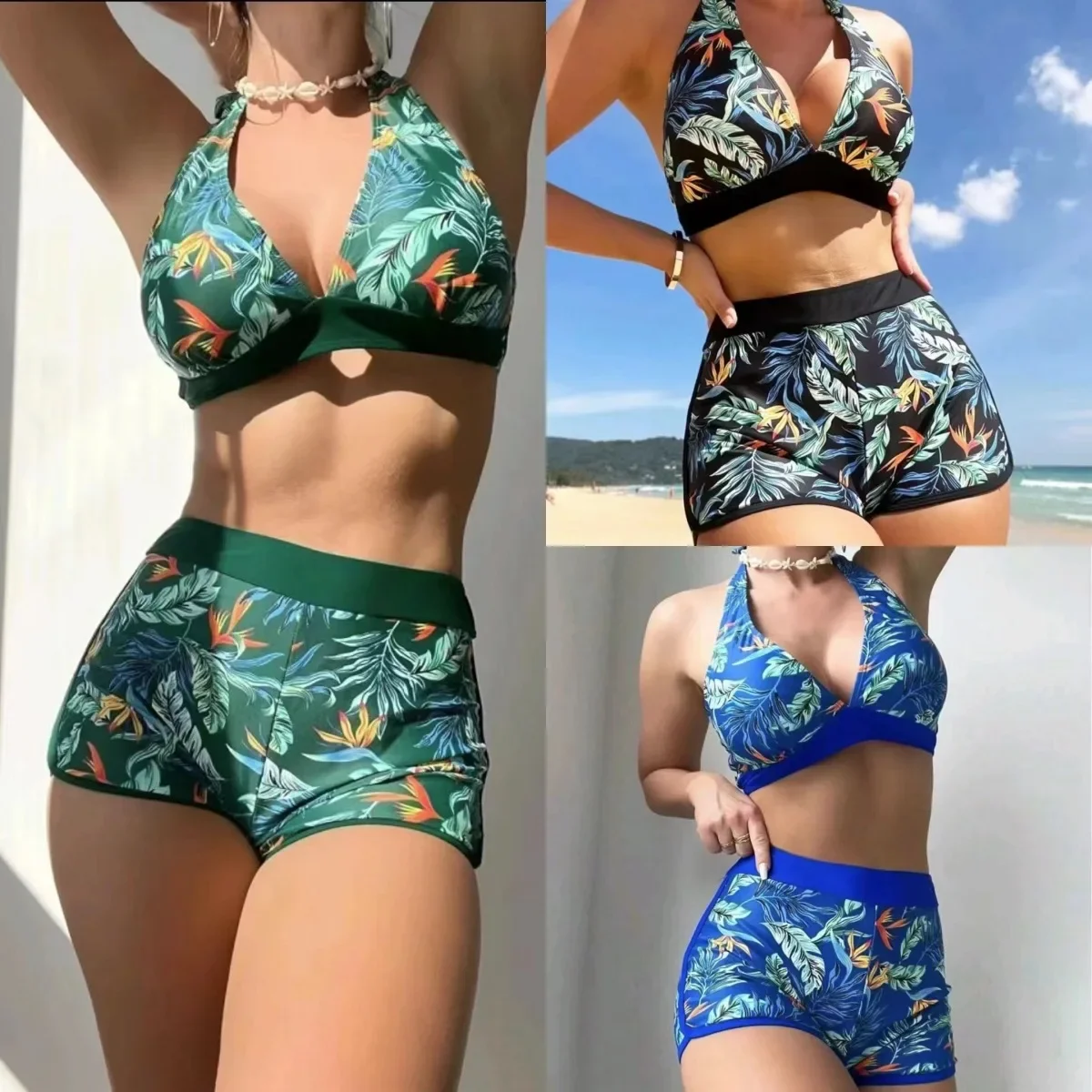 

Женский зеленый комплект бикини с высокой талией и цветочным принтом, сексуальный цельный купальник с открытой спиной, летний пляжный праздничный купальный костюм на шнуровке