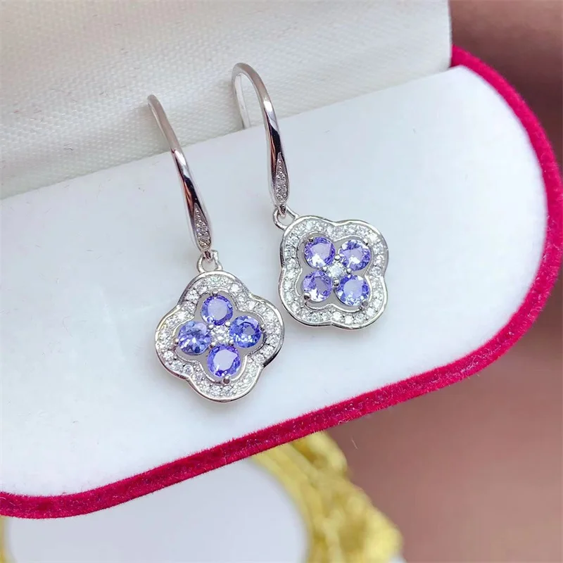 

Drop Earrings 925 Sterling Silver Natural Tanzanite 3mm Elegant Women's Flower Shape Earrings with Certificate