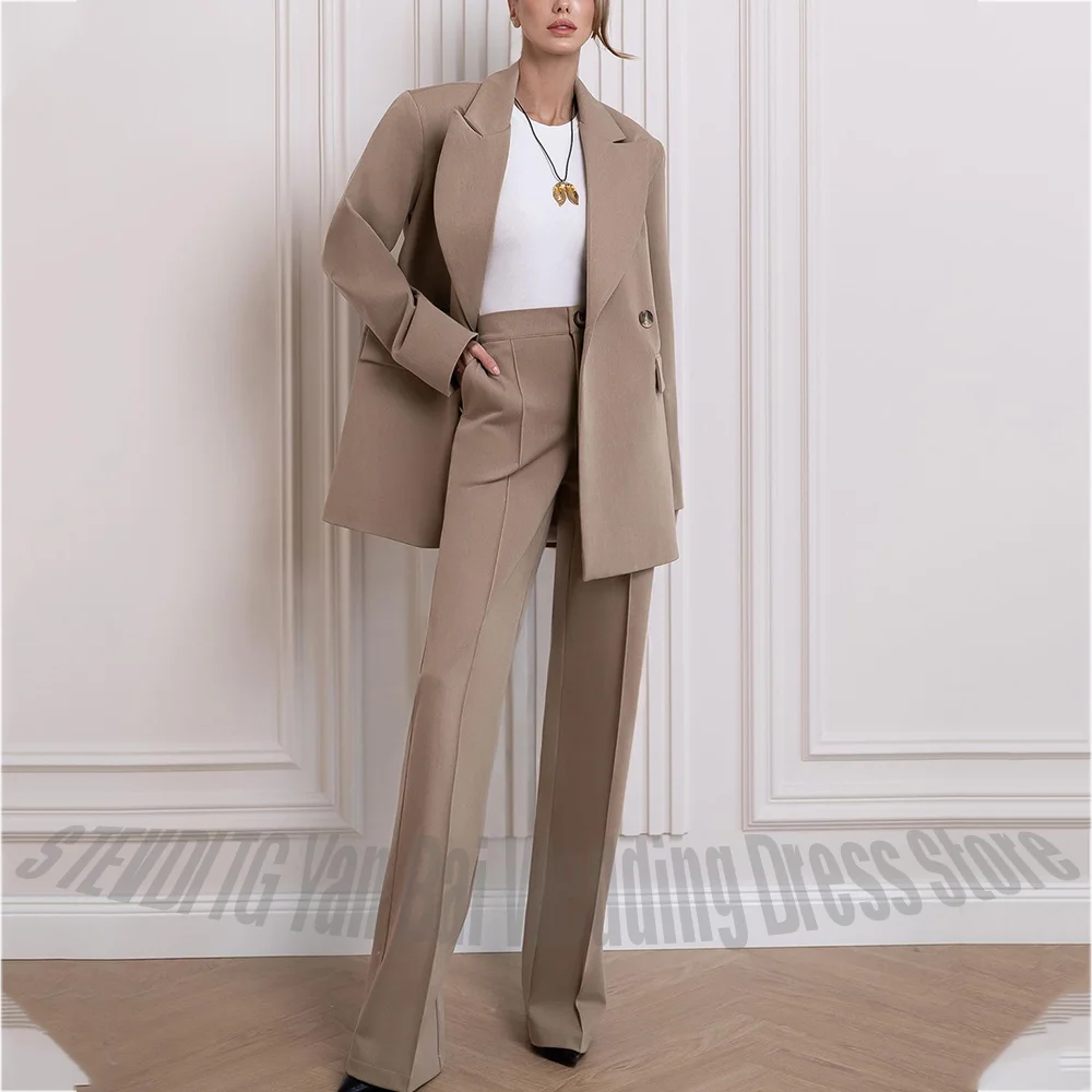 Classic Camel Women's Suit Set 2 Piece Full Sleeve Professional Business Attire Peak Lapel Straight Elegant Chic Outfits