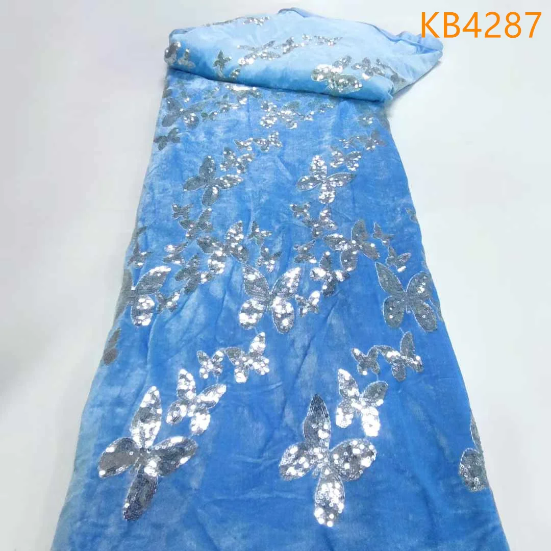 Luxury African Sequence velvet Lace Fabrics High Quality Embroidered Lace 2024 Blue Sequins Tulle Lace Fabrics For Sewing KB4287