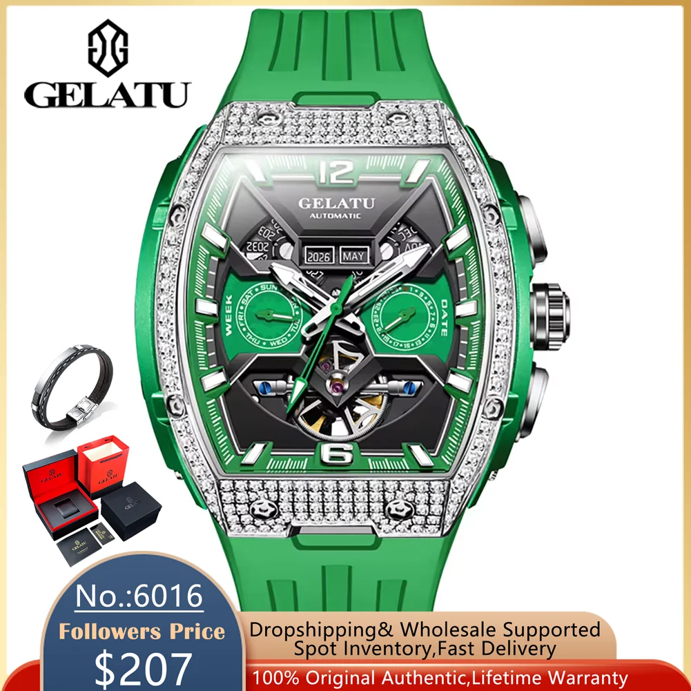 GELATU Men's Watch Hollow Out Skeleton Automatic Watch for Men Silicone Strap Dual Calendar Luxury Original Mechanical Man Watch