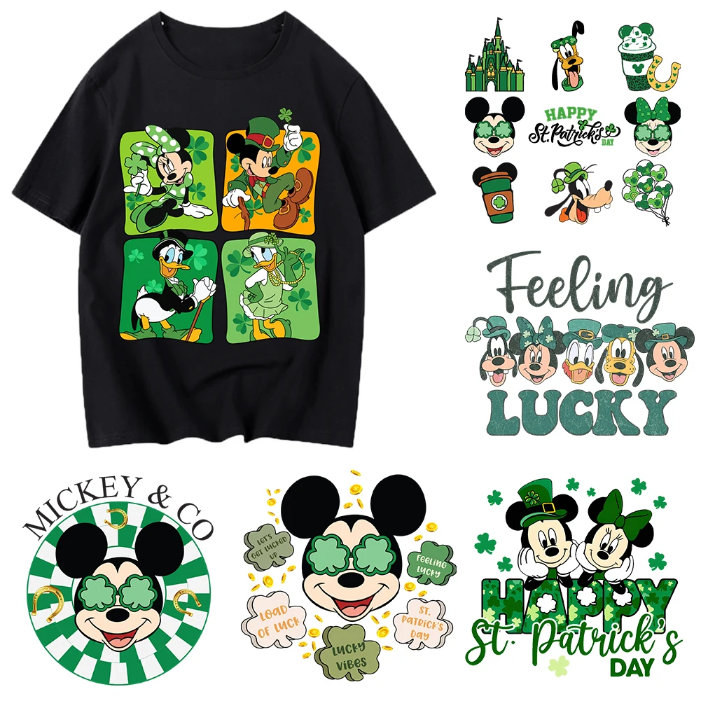 St. Patrick's Day Mickey  Iron On Heat Transfer Stickers For Clothes DTF Pinted Vinyl Thermal Appliques Washable T-Shirt Decal