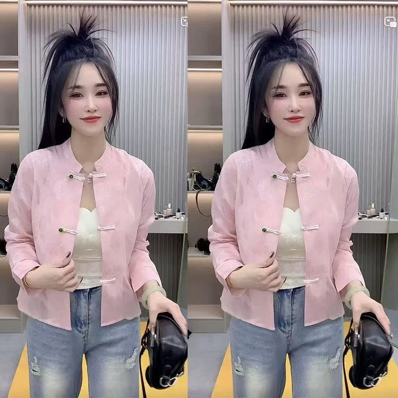 Cienkie koszule z długim rękawem dla kobiet Wiosna 2025 Nowy przemysł ciężki Żakardowe wydrążone topy z kołnierzem z klamrą w stylu retro