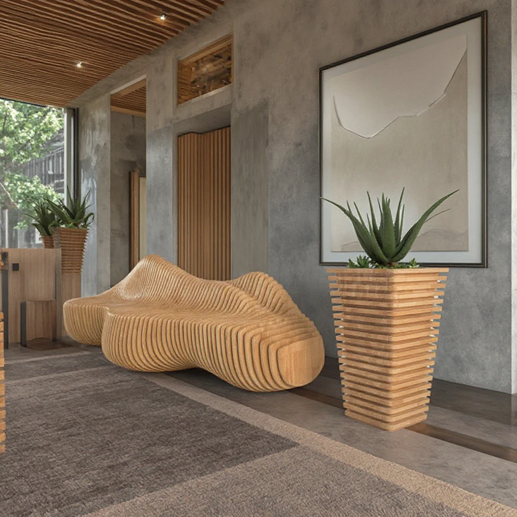 

Современная креативная скамейка для отдыха в вестибюле из фанеры для молотков, отелей, больниц, парков, пространств на открытом воздухе, идеально подходящая как стул для ожидания